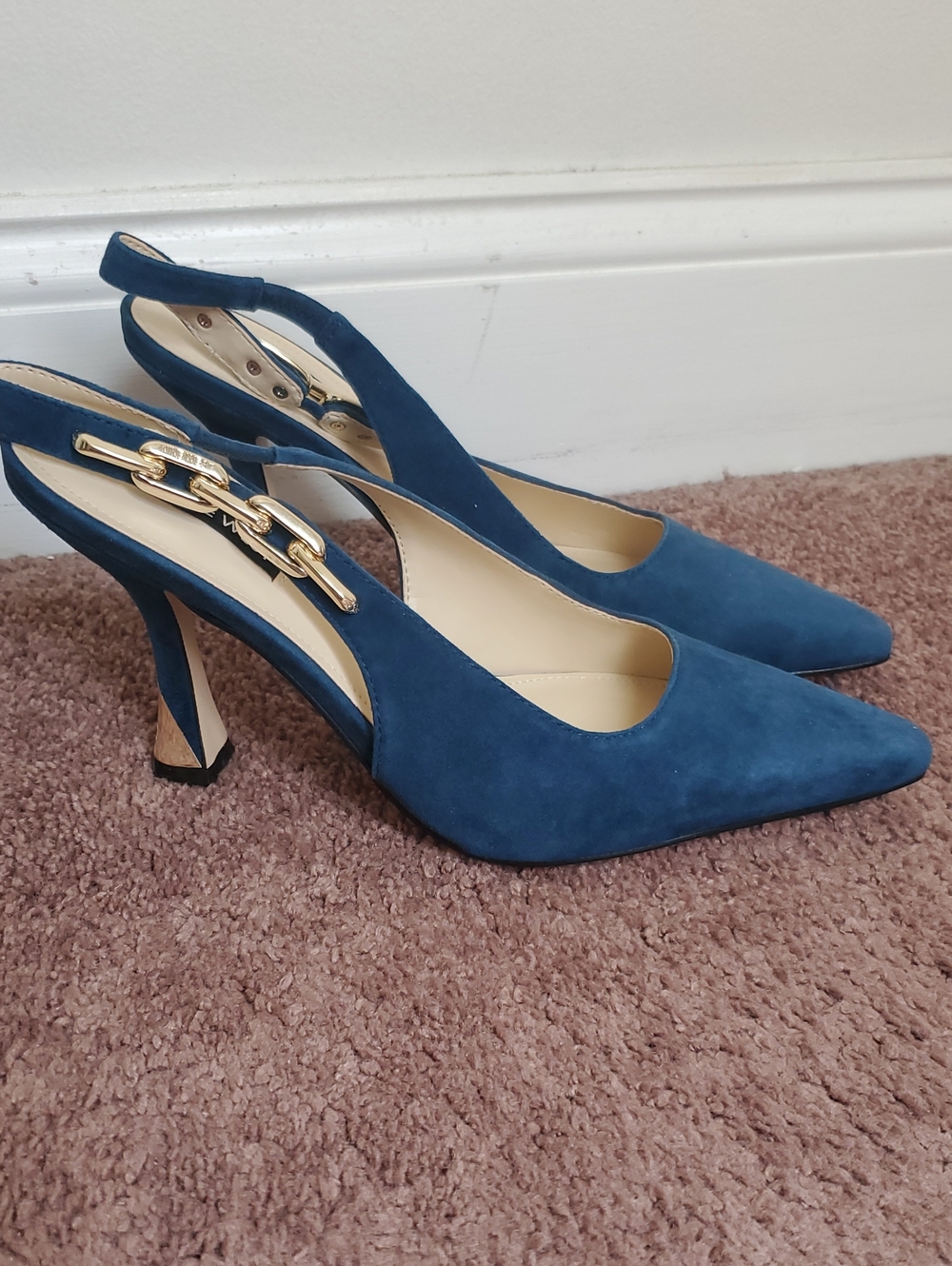 Nine West Blue Suede Slingback Heels with Gold Chain Accent